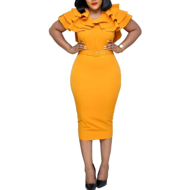 Fashion Women Dresses Summer 2021 Office Lady Solid Color V Neck Short Ruffled Sleeve Belt Bodycon Midi Dress Vestidos Robe New