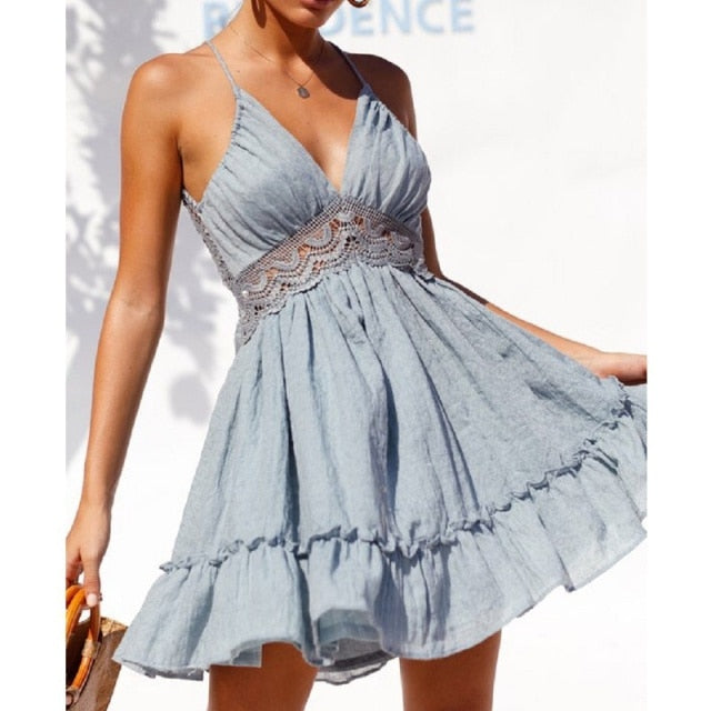 Women Summer Dress Sexy Lace Bow Backless V-neck Mini Beach Dresses Sleeveless Mini Ruffle White Dress Woman Summer 20