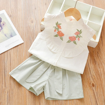 2021 New Summer Girls Green Cute Sleeveless Children's Floral Children's Clothing Girls Tops + Shorts 2 Sets Of Free Shipping