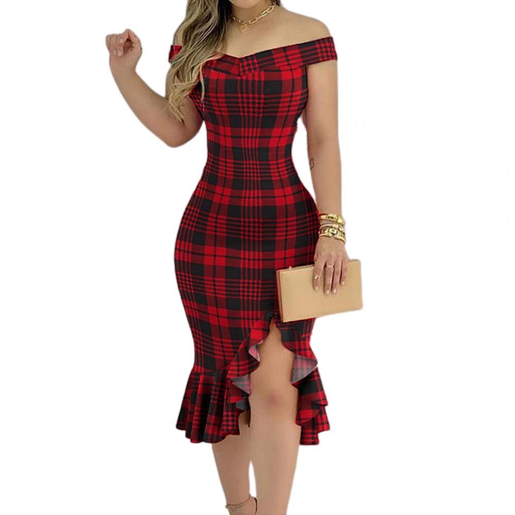 Plus Size Dress Women Sexy Dresses Off Shoulder Split Ruffle Solid Color Plaid Elegant Party Bodycon Knee-length Dress