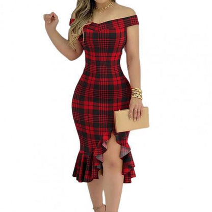 Plus Size Dress Women Sexy Dresses Off Shoulder Split Ruffle Solid Color Plaid Elegant Party Bodycon Knee-length Dress