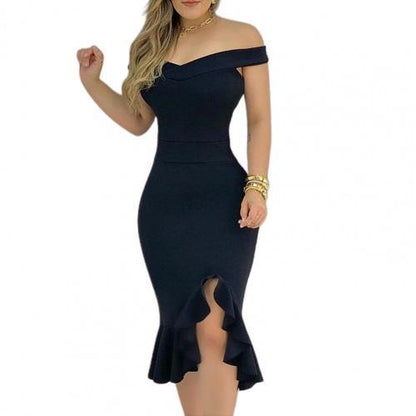 Plus Size Dress Women Sexy Dresses Off Shoulder Split Ruffle Solid Color Plaid Elegant Party Bodycon Knee-length Dress