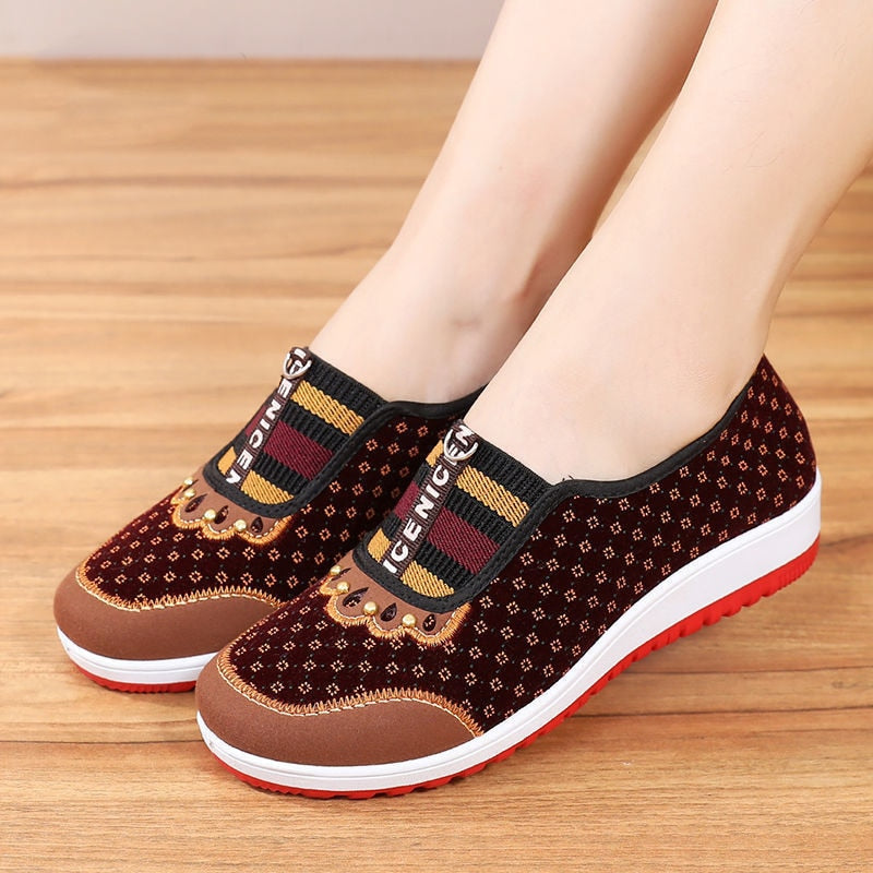 New Style Old Beijing Cloth Shoes Women&#39;s Soft Non-Slip Middle-Gged Leisure Flat Bottom Mom Shoes Female