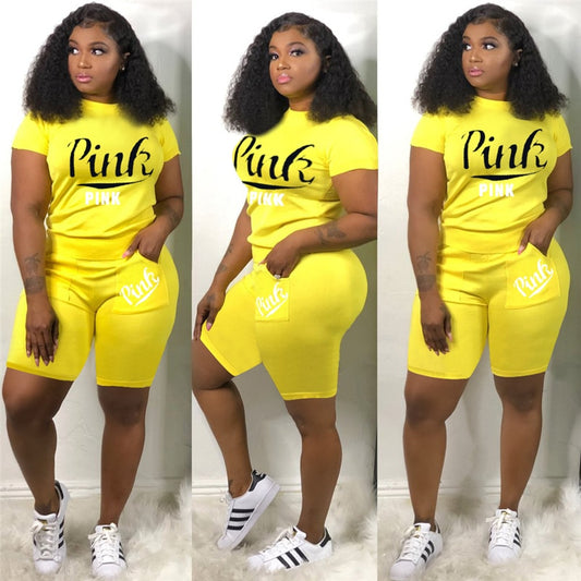 Summer Tracksuit Set For Plus Size Women 2XL Pink Letter Print Top Biker Shorts Suits Casual 2 Piece Set Sport Outfits Sweatsuit