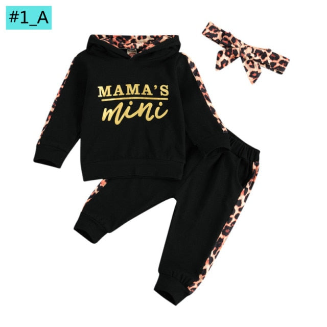 Infant Newborn Baby Girl Clothes 3PCS Sets Leopard Letter Hooded Sweatshirt Pants Outfit Baby Tracksuit Set Spring Autumn