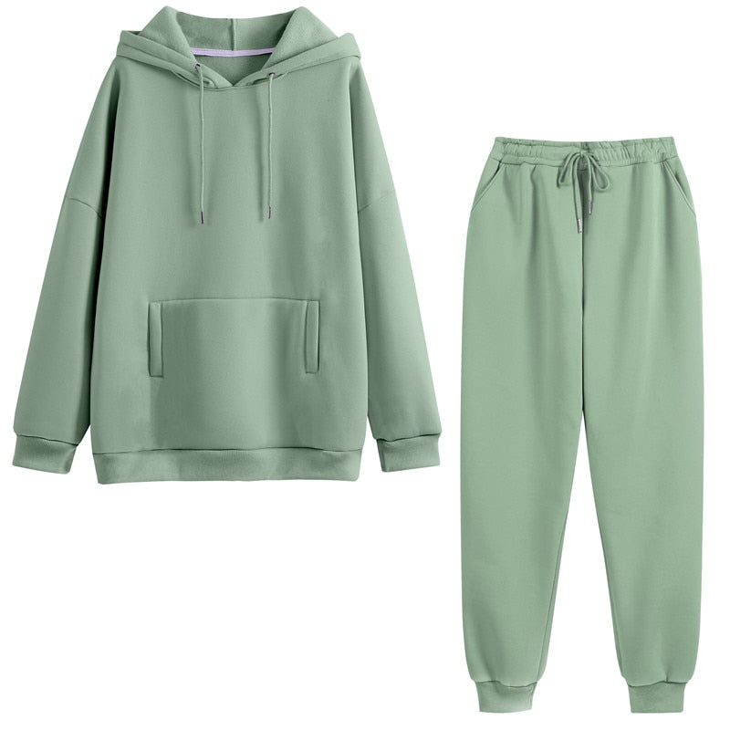 Hoodie 2 Pieces Set Women Autumn Solid Oversized Sweatshirt Set Casual Long Sleeve Fleece Tops Long Pants Tracksuit Suit Outfits