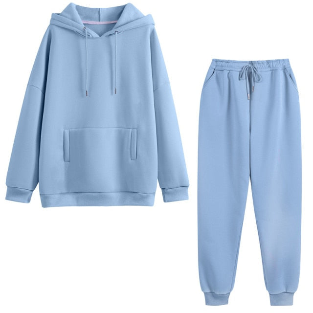 Hoodie 2 Pieces Set Women Autumn Solid Oversized Sweatshirt Set Casual Long Sleeve Fleece Tops Long Pants Tracksuit Suit Outfits