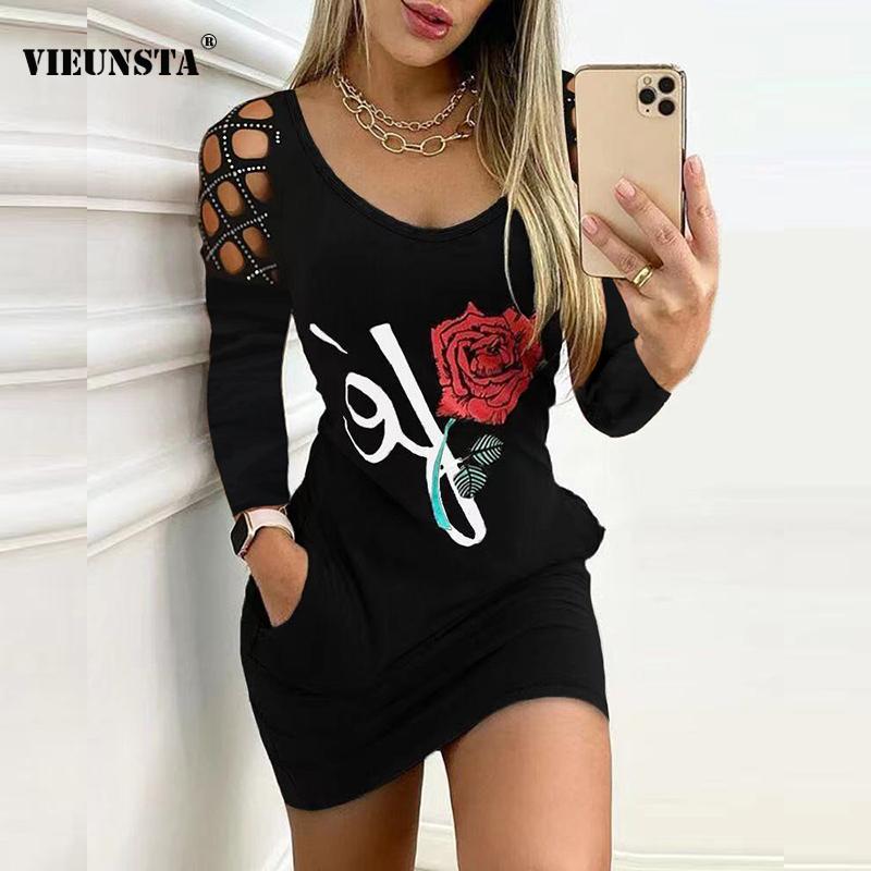 Rose Flower Print Autumn Pullover Dress Women Sexy Criss Cross Hollow Out Long Sleeve Dress Spring O Neck Slim Office Mini Dress