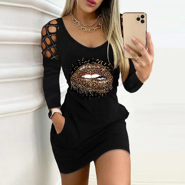 Rose Flower Print Autumn Pullover Dress Women Sexy Criss Cross Hollow Out Long Sleeve Dress Spring O Neck Slim Office Mini Dress