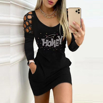 Rose Flower Print Autumn Pullover Dress Women Sexy Criss Cross Hollow Out Long Sleeve Dress Spring O Neck Slim Office Mini Dress