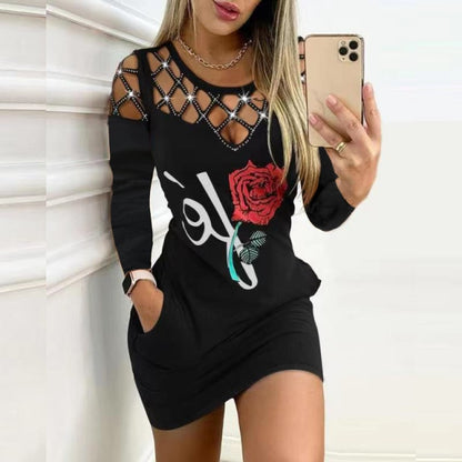 Rose Flower Print Autumn Pullover Dress Women Sexy Criss Cross Hollow Out Long Sleeve Dress Spring O Neck Slim Office Mini Dress