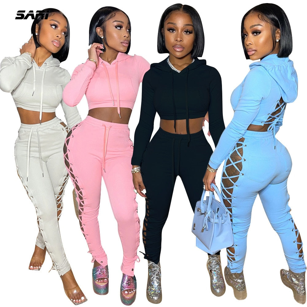 Sexy Two Piece Pants Sets Women Hollow Out Cross Lace-Up Hoodie Crop Top Trousers Autumn 2021 Casual Fitness Tracksuits