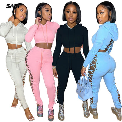 Sexy Two Piece Pants Sets Women Hollow Out Cross Lace-Up Hoodie Crop Top Trousers Autumn 2021 Casual Fitness Tracksuits