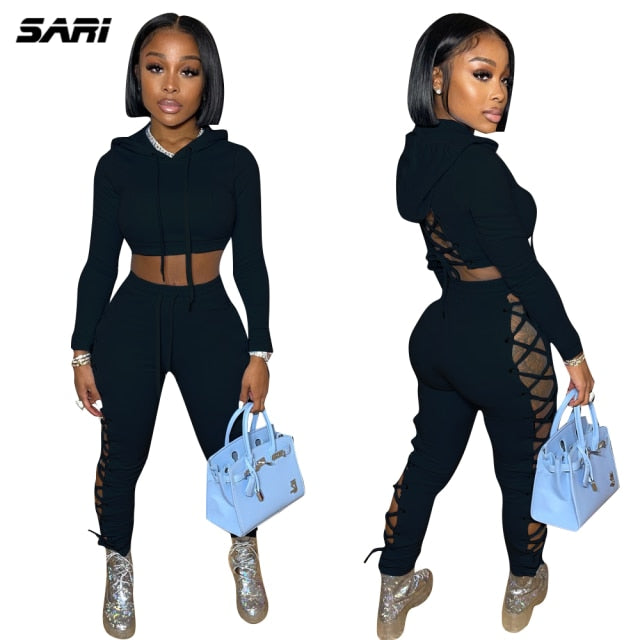 Sexy Two Piece Pants Sets Women Hollow Out Cross Lace-Up Hoodie Crop Top Trousers Autumn 2021 Casual Fitness Tracksuits