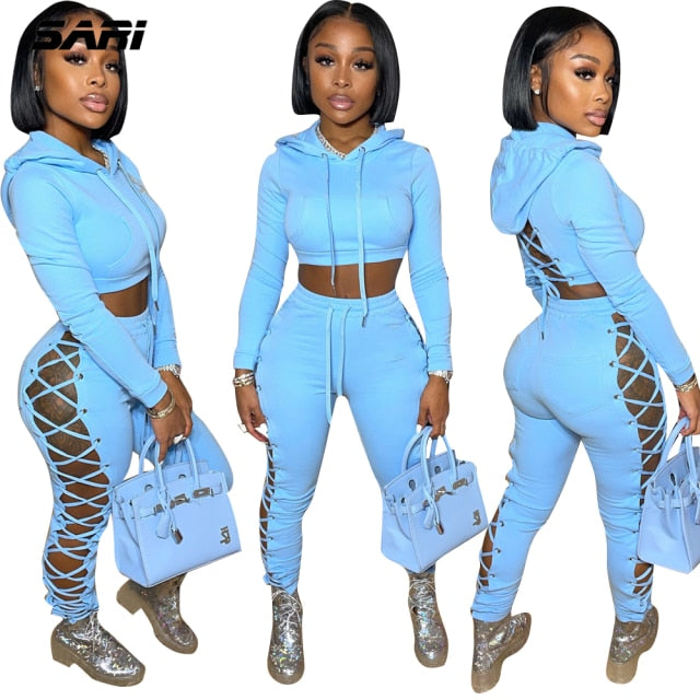 Sexy Two Piece Pants Sets Women Hollow Out Cross Lace-Up Hoodie Crop Top Trousers Autumn 2021 Casual Fitness Tracksuits