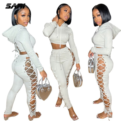 Sexy Two Piece Pants Sets Women Hollow Out Cross Lace-Up Hoodie Crop Top Trousers Autumn 2021 Casual Fitness Tracksuits