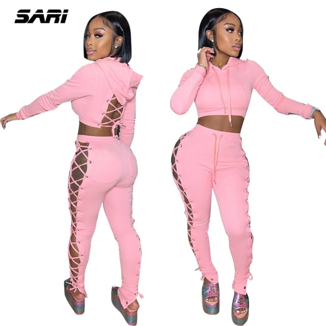 Sexy Two Piece Pants Sets Women Hollow Out Cross Lace-Up Hoodie Crop Top Trousers Autumn 2021 Casual Fitness Tracksuits