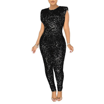 Women Fashion Glitter Sequins Sleeveless Sexy Long Jumpsuits Romper Plus Size