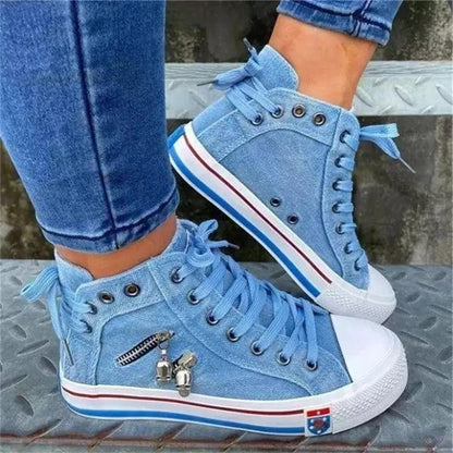 Women&#39;s Denim Flat-heel Round Toe Lace-up Skull Metal Decoration High-top Comfortable Fashion Classic Casual Sneakers