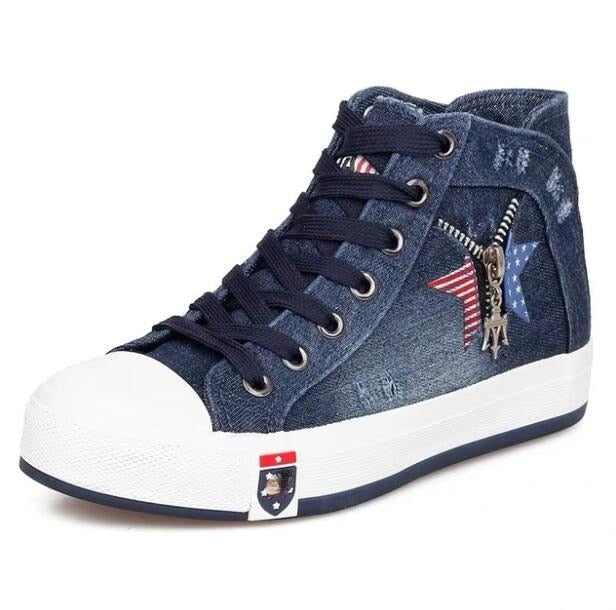 Women&#39;s Denim Flat-heel Round Toe Lace-up Skull Metal Decoration High-top Comfortable Fashion Classic Casual Sneakers