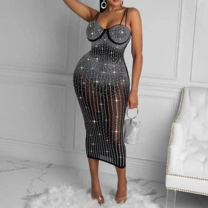 Women Sexy Sequins Rhinestone Sheer Mesh Sling Party Dress