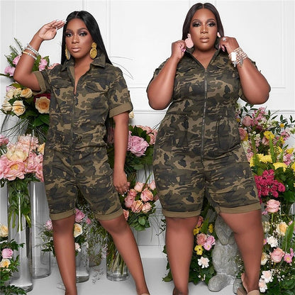 Plus Size Women S-4XL 5XL Sexy Streetwear Camo Pockekts Zipper Sexy Jumpsuits Camouflage Printed Romper Playsuits Overalls Women