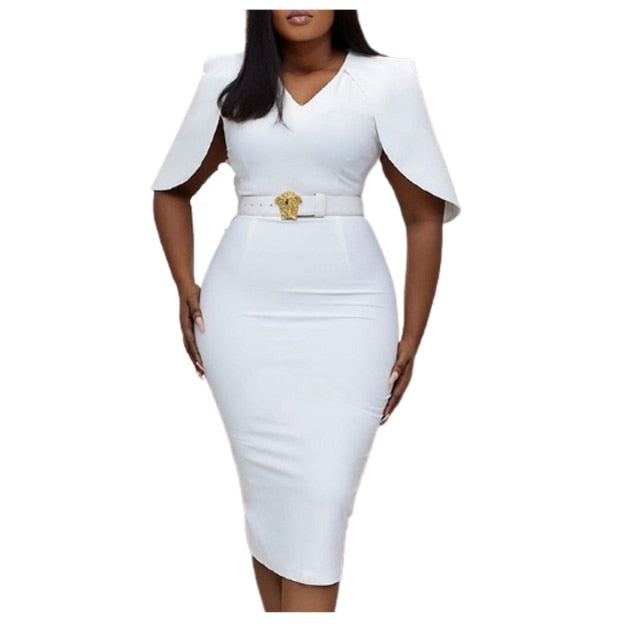 2021 Women Fashion Elegant Formal Solid White Cape Sleeve Work Overalls High Waist Tight Bodycon Night Dress(Without Belt)