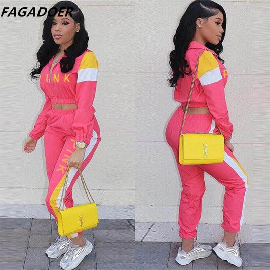 FAGADOER Pink Letter Print Two Piece Set Women Casual Zipper Coat And Skinny Pants Autumn Stripe Patchwork Sporty Outfits 2021