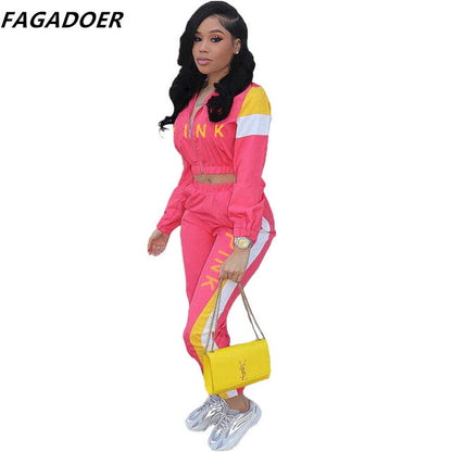 FAGADOER Pink Letter Print Two Piece Set Women Casual Zipper Coat And Skinny Pants Autumn Stripe Patchwork Sporty Outfits 2021