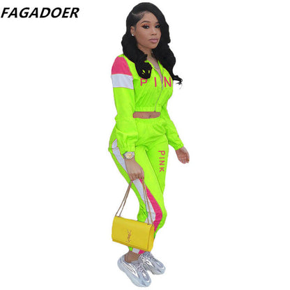 FAGADOER Pink Letter Print Two Piece Set Women Casual Zipper Coat And Skinny Pants Autumn Stripe Patchwork Sporty Outfits 2021