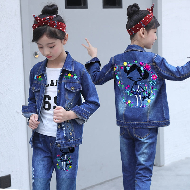 Children's wear children's Denim suit 2021 spring and autumn wear 8 girls 9 middle school girls 12 denim three piece suit