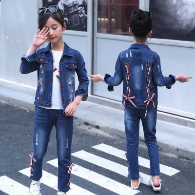 Children's wear children's Denim suit 2021 spring and autumn wear 8 girls 9 middle school girls 12 denim three piece suit