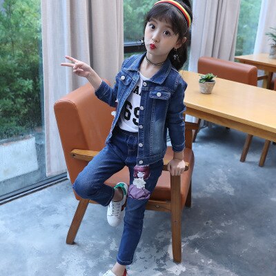 Children's wear children's Denim suit 2021 spring and autumn wear 8 girls 9 middle school girls 12 denim three piece suit