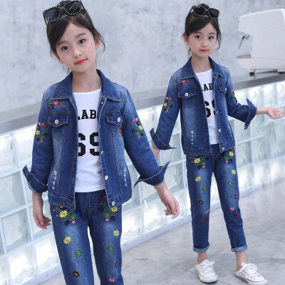 Children's wear children's Denim suit 2021 spring and autumn wear 8 girls 9 middle school girls 12 denim three piece suit