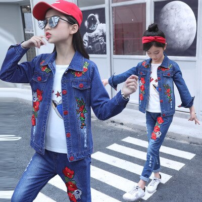 Children's wear children's Denim suit 2021 spring and autumn wear 8 girls 9 middle school girls 12 denim three piece suit