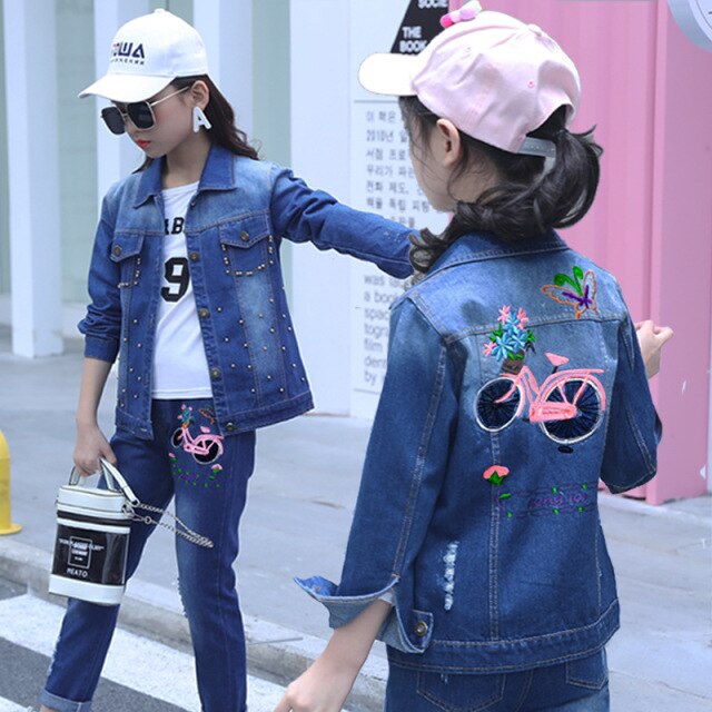 Children's wear children's Denim suit 2021 spring and autumn wear 8 girls 9 middle school girls 12 denim three piece suit