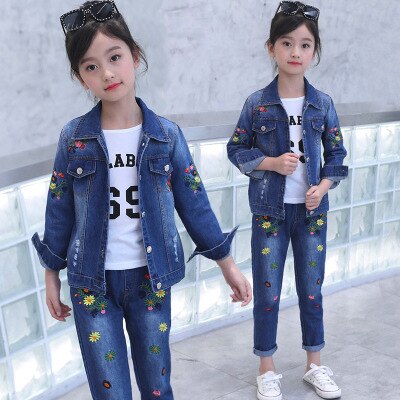 Children's wear children's Denim suit 2021 spring and autumn wear 8 girls 9 middle school girls 12 denim three piece suit