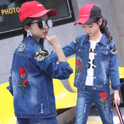 Children's wear children's Denim suit 2021 spring and autumn wear 8 girls 9 middle school girls 12 denim three piece suit