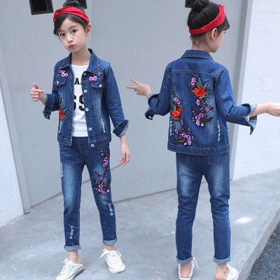 Children's wear children's Denim suit 2021 spring and autumn wear 8 girls 9 middle school girls 12 denim three piece suit