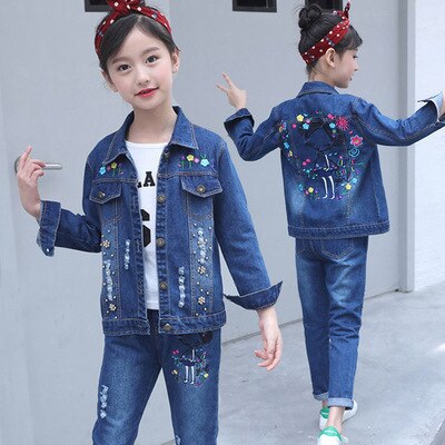 Children's wear children's Denim suit 2021 spring and autumn wear 8 girls 9 middle school girls 12 denim three piece suit