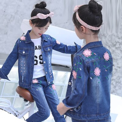 Children's wear children's Denim suit 2021 spring and autumn wear 8 girls 9 middle school girls 12 denim three piece suit