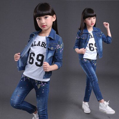 Children's wear children's Denim suit 2021 spring and autumn wear 8 girls 9 middle school girls 12 denim three piece suit