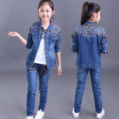 Children's wear children's Denim suit 2021 spring and autumn wear 8 girls 9 middle school girls 12 denim three piece suit