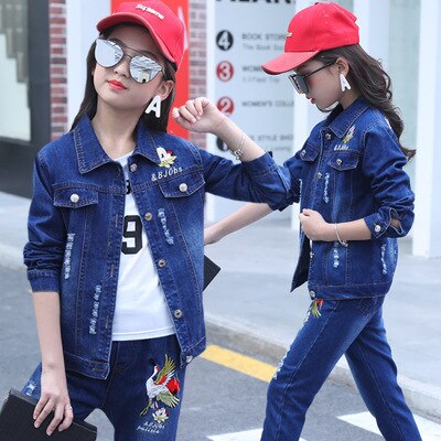 Children's wear children's Denim suit 2021 spring and autumn wear 8 girls 9 middle school girls 12 denim three piece suit