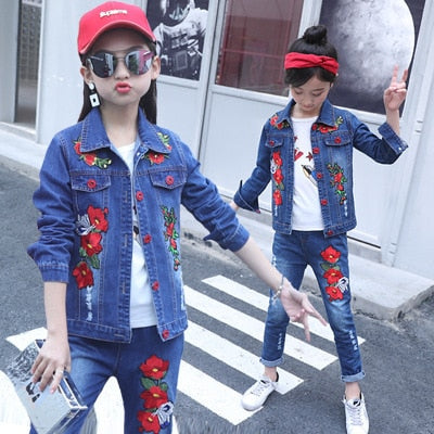 Children's wear children's Denim suit 2021 spring and autumn wear 8 girls 9 middle school girls 12 denim three piece suit