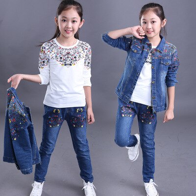 Children's wear children's Denim suit 2021 spring and autumn wear 8 girls 9 middle school girls 12 denim three piece suit