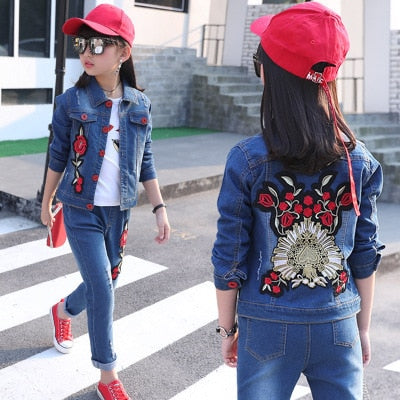 Children's wear children's Denim suit 2021 spring and autumn wear 8 girls 9 middle school girls 12 denim three piece suit