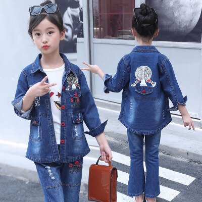 Children's wear children's Denim suit 2021 spring and autumn wear 8 girls 9 middle school girls 12 denim three piece suit