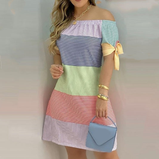 Women Off Shoulder Summer Mini Dress Sexy Short Sleeve Bow Tie Striped Plaid Floral Print A Line Party Short Dresses Vestidos