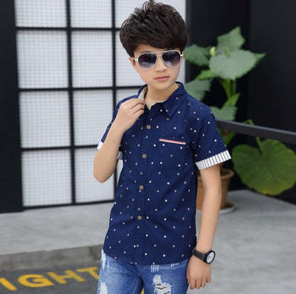 Age 4-13 Years 2021 Summer Toddler Teenage Dot School Boy Clothing Kids Boys Shirts Children Short Sleeve Clothes Tops